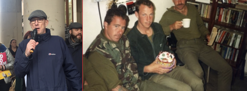 Pictures of Councillor Alasdair Ross. On the left talking into a microphone at a rally, on the right in combat uniform with 2 military colleagues