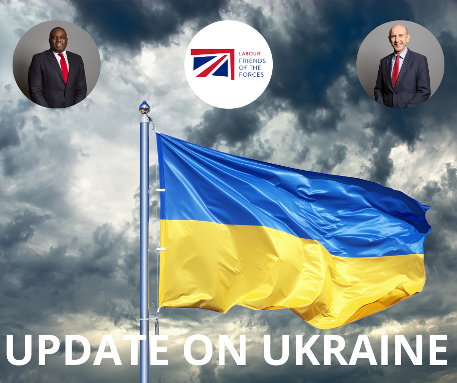 Flag of Ukraine blowing in wind. Inset images of David Lammy MP and John Healey MP.